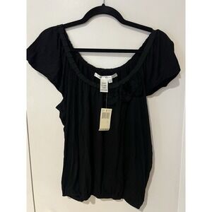 New Max Studio Knit Short Sleeve Off The Shoulder‎ Top Black Size Large